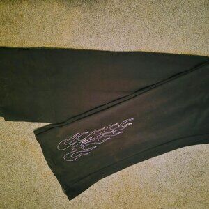 Black Stretch Flared Pull-On Yoga Pants Custom Purple Rhinestone Flames Size XL